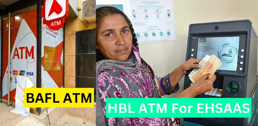 BAFL ATM and HBL ATM machine a happy women withdraw her payemnet from Ehsaas 8171 Program